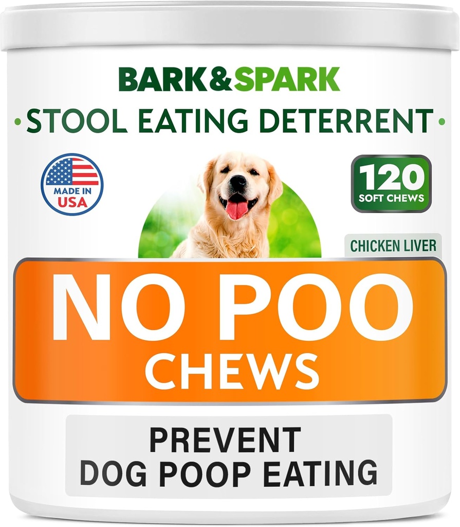 BARK & SPARK NO Poo Treats - Prevent Dog Poop Comer - Tratamento de Coprofagia - Stool Comer Deterrent - Probióticos & Enzimas - Saúde Digestiva + Ajuda Respiratória - 120 Mastigação Macio - EUA Made - Fígado