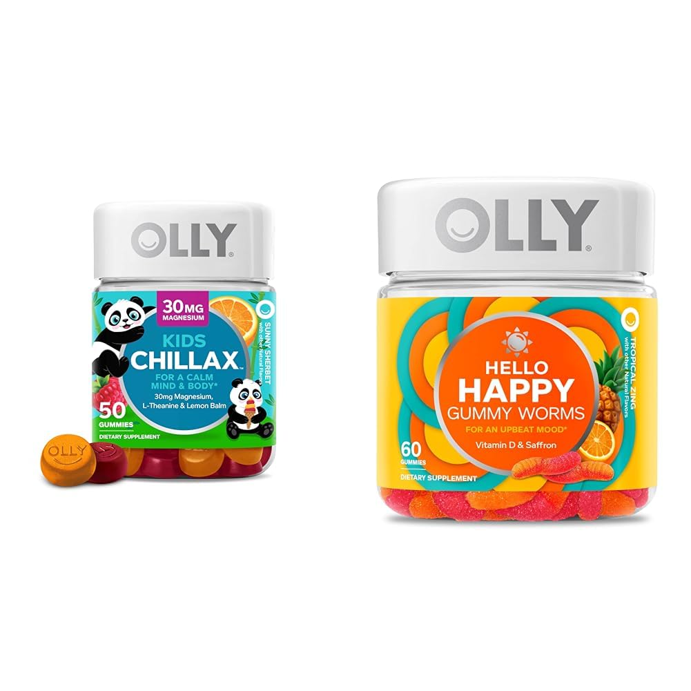 OLLY Kids Chillax, Magnesium Gummies Plus L-Theanine, Lemon Balm & Hello Happy Gummy Worms, Mood Balance Support, Vitamin D, Saffron, Adult Chewable Supplement, Tropical Zing - 60 Count