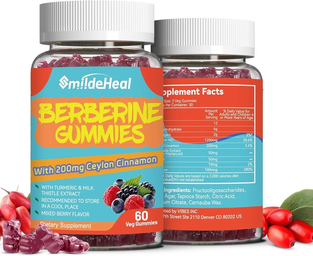 2 Pack Berberine Gummies 1200 mg med Ceylon Cinnamon 200 mg, Melke Thistle ekstrakt & Turmeric, Vegansk Berry Flavor, Ikke-GMO, Gelatin-fri, Glutenfri, 120 greve