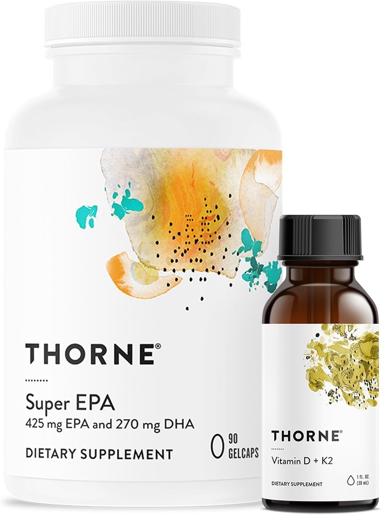 THORNE - Super EPA (90 Gelcaps) & Vitamin D + K2 (1 Oz) Bundle - Supports Bone Health, Muscle Structure & Joint Health - Gluten, Dairy & Soy-Free