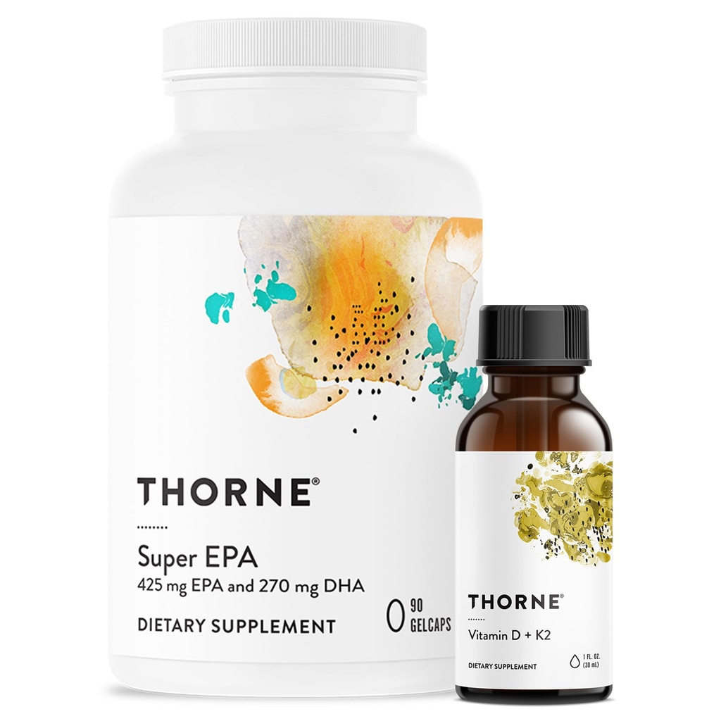 THORNE - Super EPA (90 Gelcaps) & Vitamin D + K2 (1 Oz) Bundle - Supports Bone Health, Muscle Structure & Joint Health - Gluten, Dairy & Soy-Free