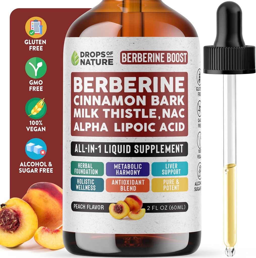 Berberina Suplemento, Cardo de leite, Canela de Ceilão, Ácido Alfa Lipóico, NAC Suplemento Drops líquidos - Vegan, 4X Absorção do que Cápsulas - Berberina para suporte ao fígado e bem-estar holístico (Peach, 60mL)