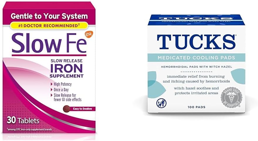 Slow Fe 45mg Iron Supplement for Iron Deficiency Tablets & Tucks Medicated Cooling Pads for Hemorrhoids, 100 Count