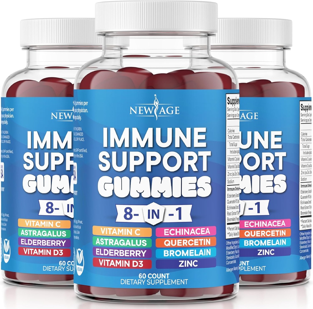 NEW AGE 8 in 1 Immune Support Booster supplement with Astragalus Root, Vitamin C and Zinc 50mg, Vitamin D 5000 IU, Quercetin ' Bromelain (8 in 1 Gummies (Pack of 3)