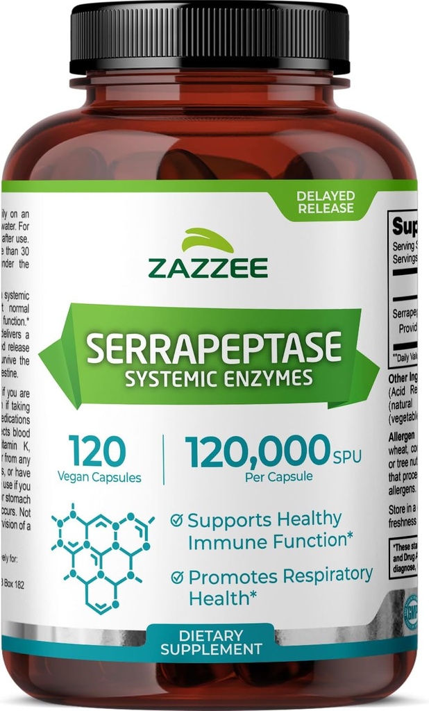 Zazzee Release Atrasado Serrapeptase, 120,000 SPU por cápsula, 120 Cápsulas Vegan, Fornecimento de 4 meses, Força extra, Potente e Concentrado Enzimas Sistémicas, 100% Vegetariano, All-Natural e Não-GMO