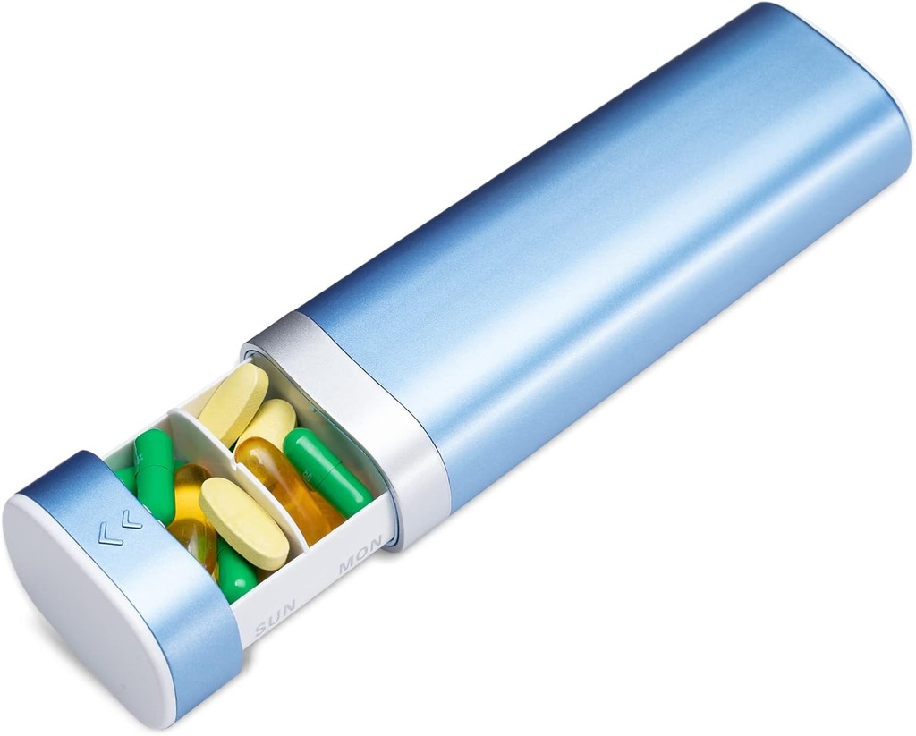 Betife Travel Pill Organizer Týdenní 7 den, Kompaktní denní Pill Box, Přenosný Medicine Case, Roztomilý Držák pilulek pro vitamíny doplňky, Drawer- Shaped Pills Organizátor (modrá)