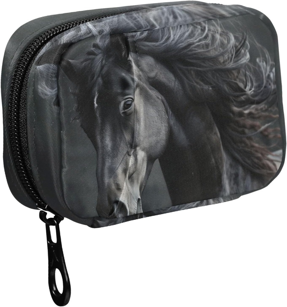 Fustylead pretty Black Horse with Long Mane Pill Organizer Case with Zipper 2 Times A Day for Vitamin and supplement, 7 Day Travel Organizer Medicine Case