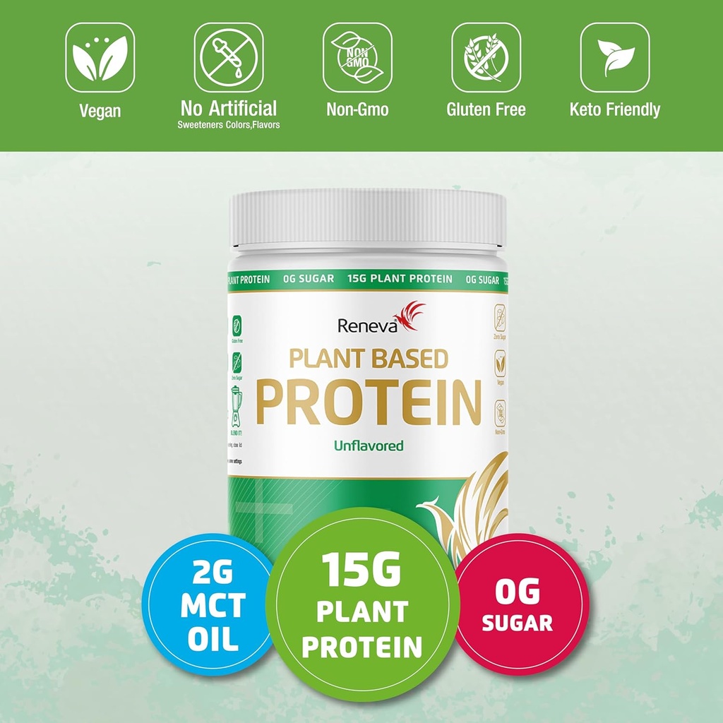 RENEVA Vegan Protein Powder | 15g Plant Based Protein from Pea and Rice | Gluten Free, Dairy Free, Lactose Free, Soy Free, Zero Sugar (Naturally sweetened with Stevia) | 12.7 Ounce Resealable Canister