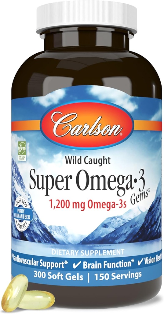 Carlson - Super Omega3 Gems, 1200 mg Omega3 Fatty acids with EPA and DHA, Wild- Caught Norway Fish Oil Supplement, Sustainable Sourced Capsules 300 Softgels
