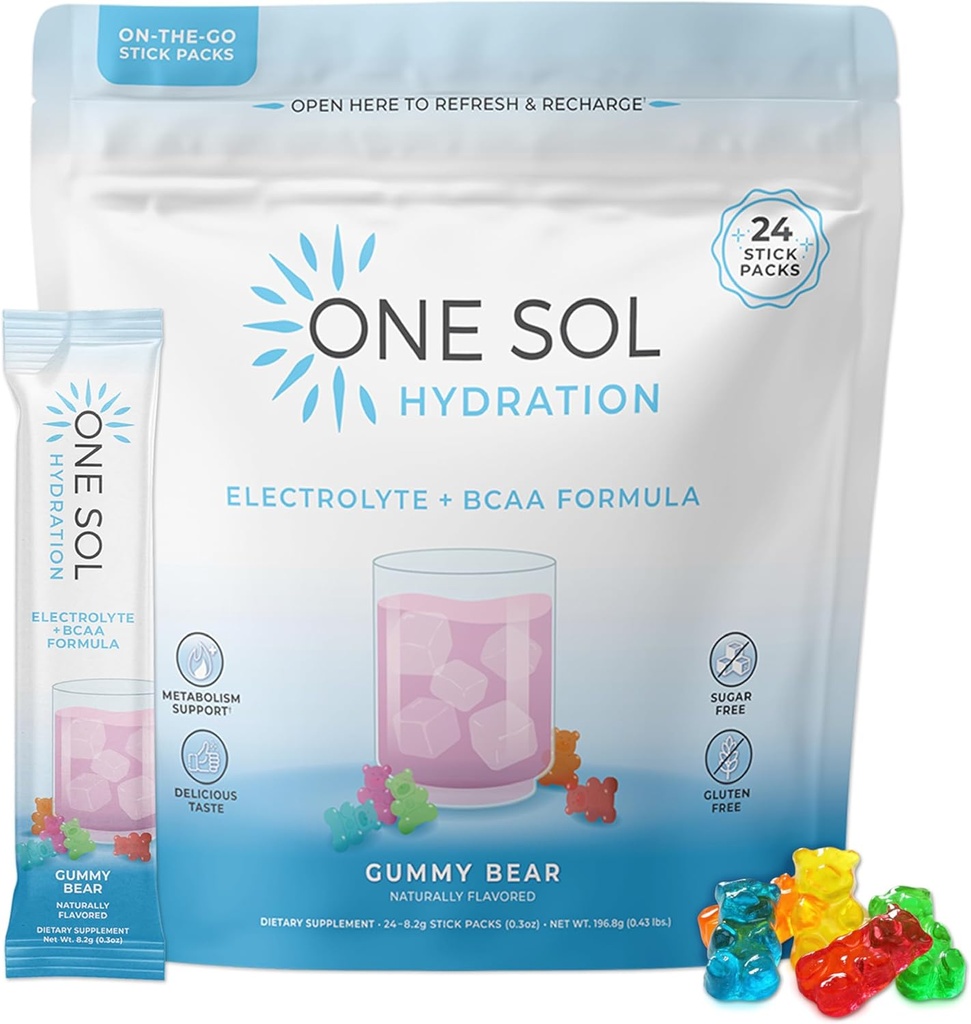 Un Sol BCAA & Electrolyte Powder for Hydration & Energy, All-Natural Formula, 100% Vegan, Non-GMO, Gluten Free & Soy-Free, promove o crecemento muscular e recuperación, Gummy Bear Flavor