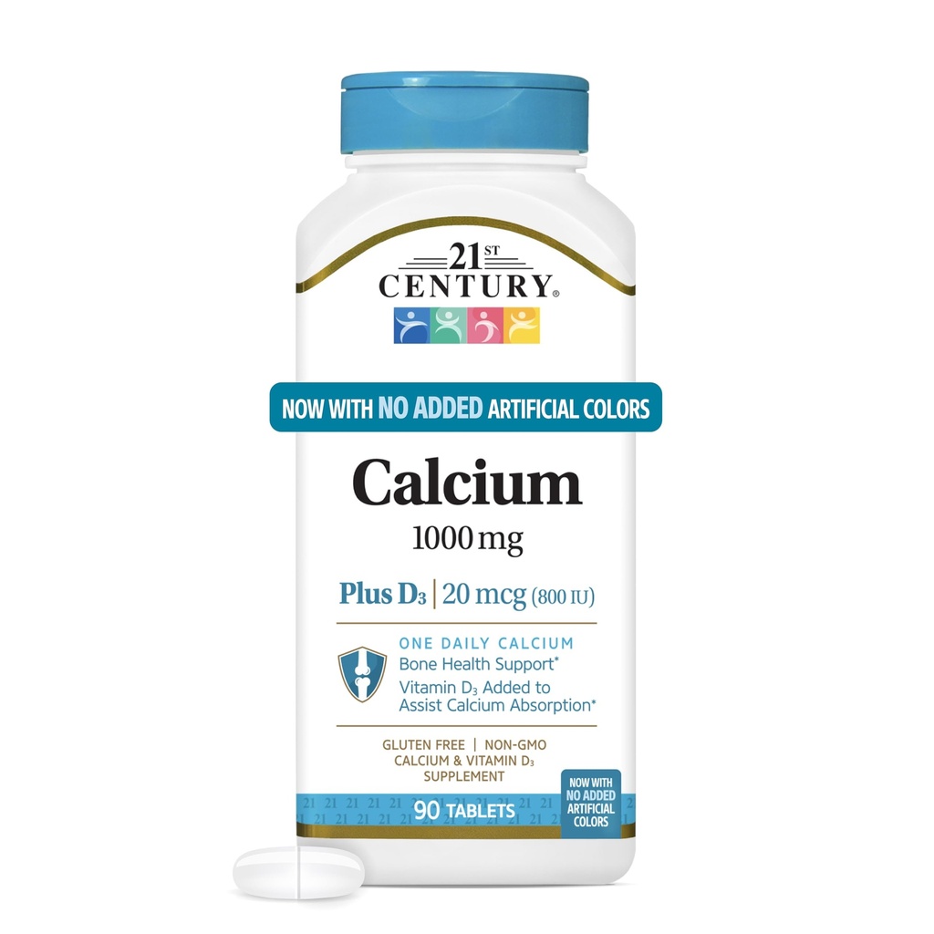 21st Century Calcium Plus D3 Tablets, (90 Count), 1000mg Calcium with Vitamin D3 20mcg (800 IU), Gluten-Free & Non-GMO, Bone Health Supplement for Men & Women, No Added Yeast or Artificial Flavors