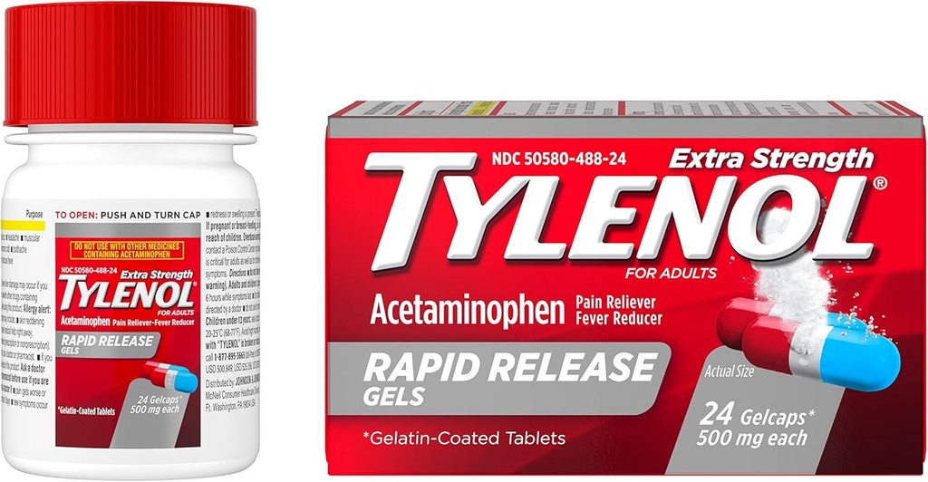 Tylenol Extra Strength Acetaminophen Rapid Release Gels, Pain Reliever & Fever Reducer, 24ct
