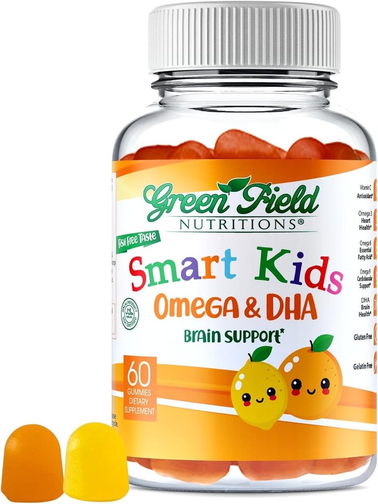 Greenfield Nutritions Smart Kids Halal Omega 3 Gumies with DHA - 60 Halal Витамини за деца, Подкрепете Brain & Имунно здраве - Веган, Не-GMO, Gluten, Желатин-фри и Фъстъчено-фри Halalal Gumy Витамини