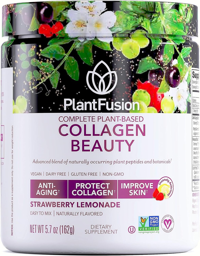 PlantaFusão Vegan Colágeno Beleza - Vegan Colágeno Pó para Mulheres - Pele de cabelo e unhas Vitaminas - Gluten Free, Não-GMO, Não-Lacticínio (Strawberry Limonada 18 Servings)
