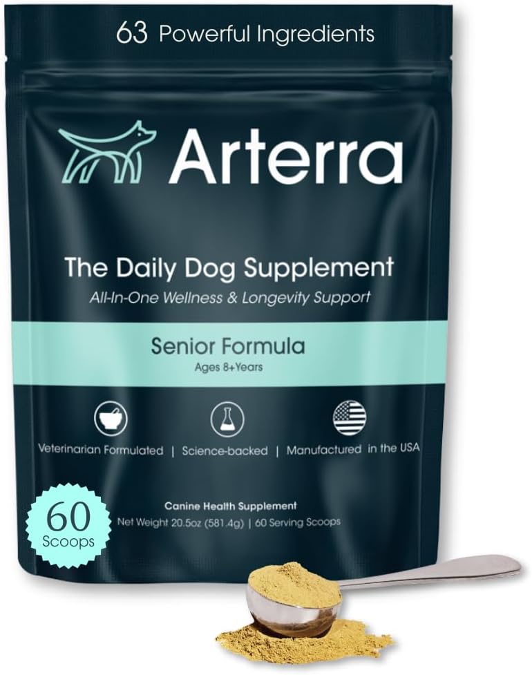 Senior Dog Powder Supplement & Food Topper - 63 Składniki do Joint, Gut, Immune & Brain Health - Daily Longevity Multivitamine z Glukozaminy, Probiotyki i oleju rybnego 124; 60 Scoops
