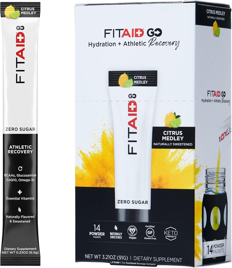 FITAID GO ZERO Cugar Recovery Hydration Packet, W / BCAA, Glucosamine, Electrolytes, Omega-3s, 100% Clean, Ketofriendly, Vegan & Gluten- Free, 5 kalorií, přirozeně slazené, 14 balení