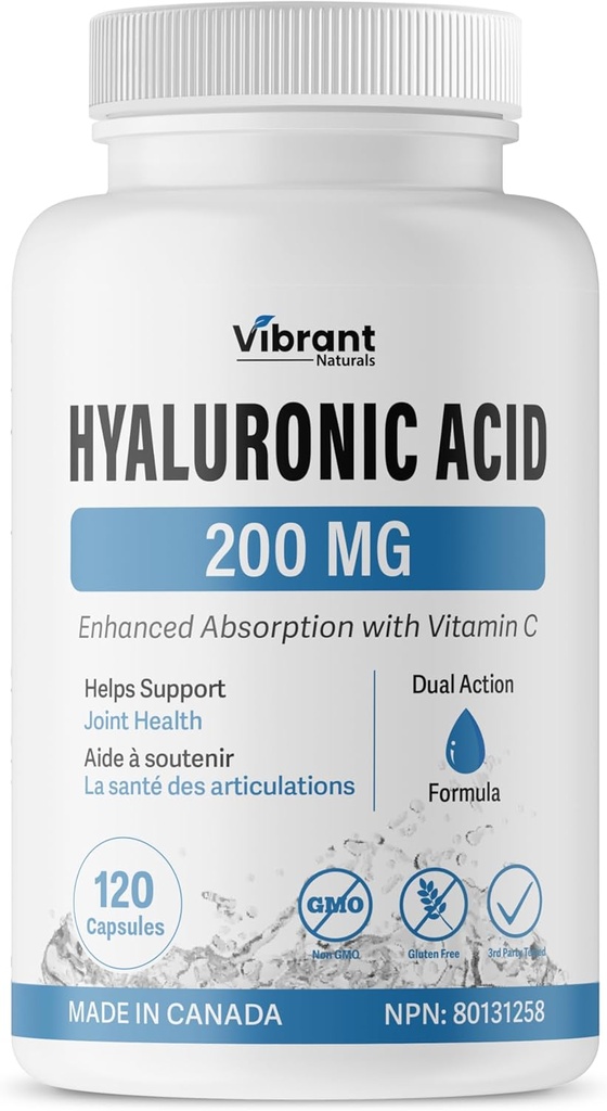 Hyaluronic Acid Supplement 200mg - 120 Capsules, with Vitamin C 100mg, Joint & Skin Health, Non-GMO Fermentation, Gluten Free, Third Party Tested, Bioavailable Formula