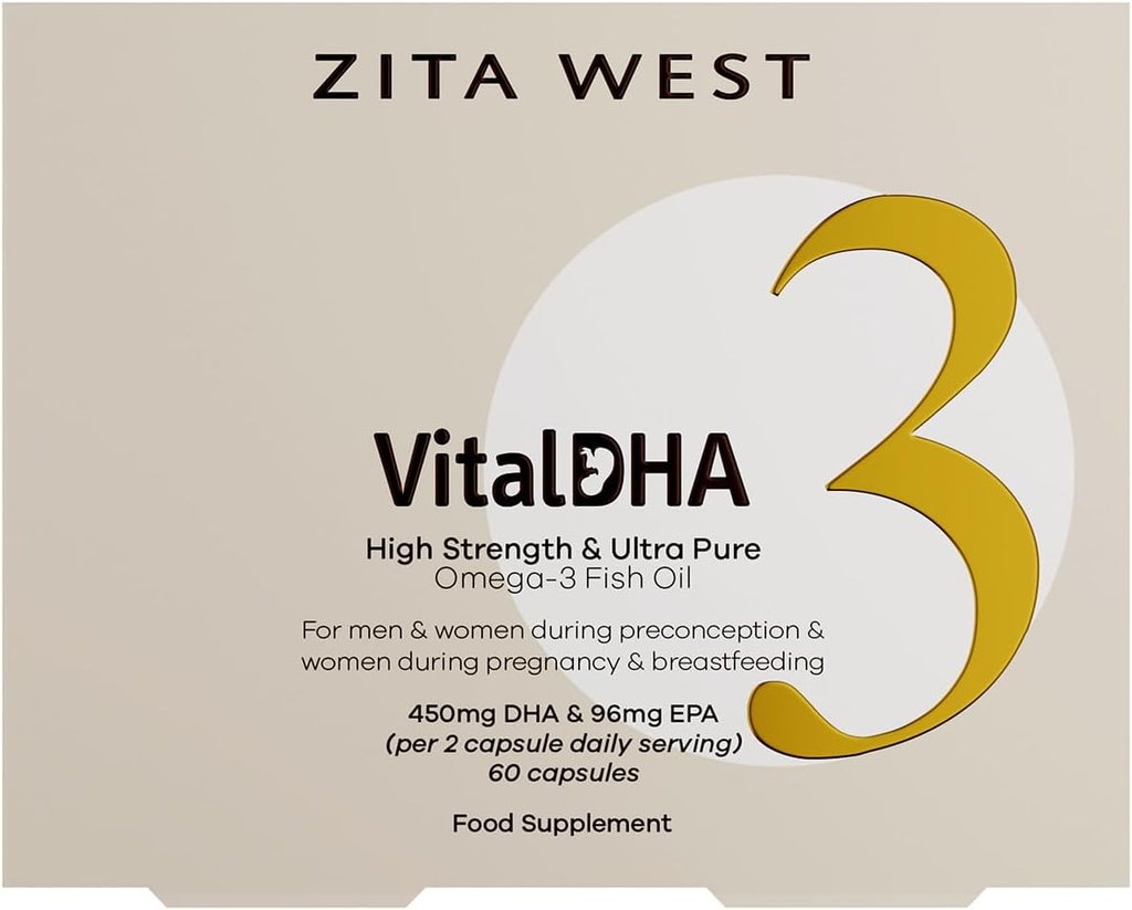 Zita West Vital DHA – Prenatal DHA and EPA with Zinc for Fertility, Pregnancy, and Breastfeeding – Omega 3 for Brain Development – 60 Capsules (1 Month Supply)