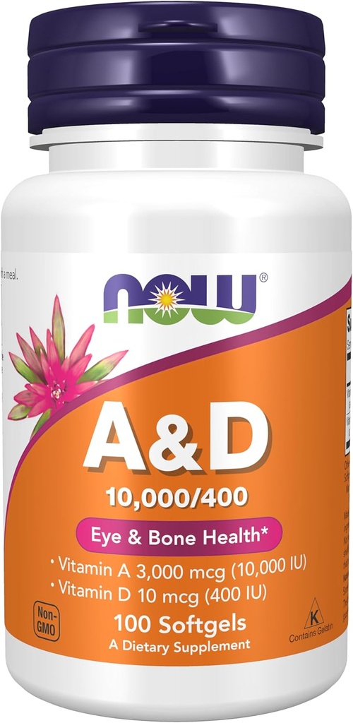 Suplementos Now, vitamina A e D 10.000 / 400 IU, saúde ocular, nutrición esencial, 100 Softgels