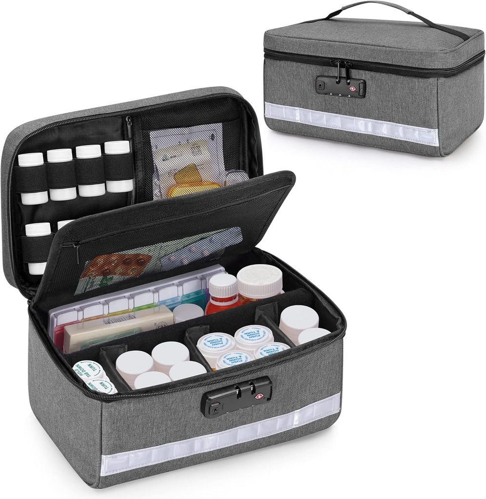 Damero Locking Pill Bottle Organizer med inre Dividers, Medicine Storage och Organizer Bag Combination Lock for Medicine, Vitaminer och Medicinska Supplies, Gray
