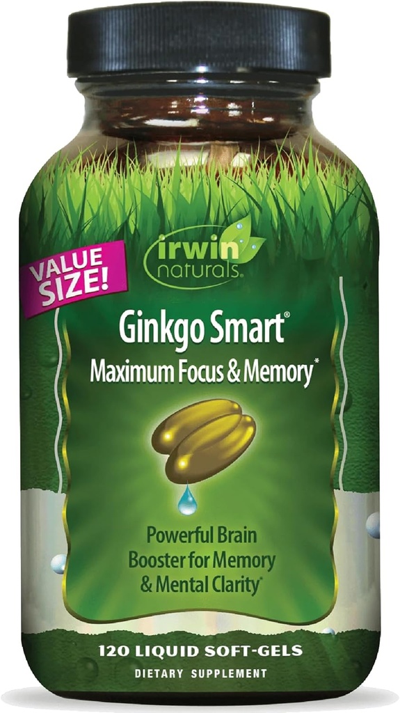 Irwin Pulcials Ginkgo Smart Powerful Nootropic Brain Booster - Mensupport Maximum Memory, Focus & Mental Clarity with DMAE, Clubmos, Choline & Acetyl L- Carnitine - 120 Liquid Softgels