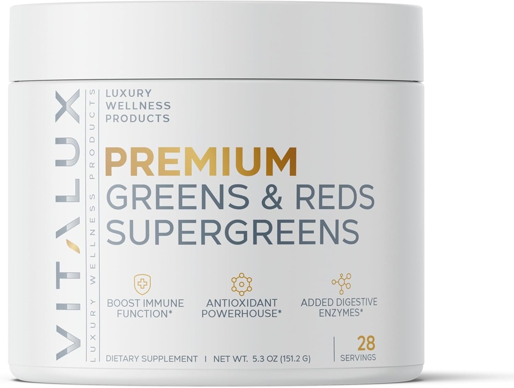 VITALUX | | #1 Rated Premium Greens & Reds Superfood Powder | | Иммунная функция, добавленные антиоксиданты, загруженные w / пищеварительные ферменты | 17 мощных ингредиентов | 3rd Party Tested, Vegan + USA Made - 28 дней