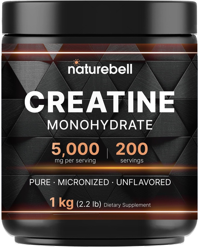 NatureBell Creatine Monohydrate Powder 1,000g, 5,000mg Per Serving, 200 Servings (2.2 lb) | Micronized, Pure & Unflavored | Pre-Workout Muscle Support* | Keto, Vegan, Filler-Free