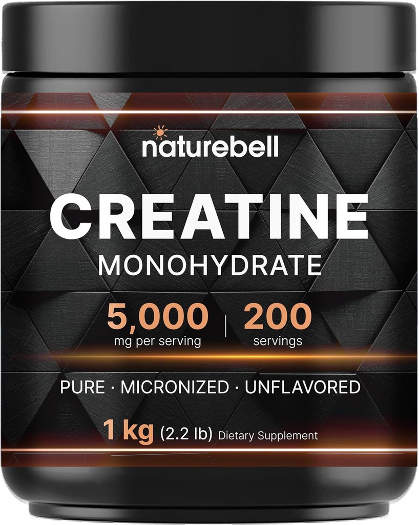 NatureBell Creatine Monohydrate Powder 1000g, 5,000mg Per Serving | Micronized, Pure & Unflavored | Pre-Workout Muscle Support | Keto, Vegan, Filler-Free | 200 Servings (2,2 фунта)