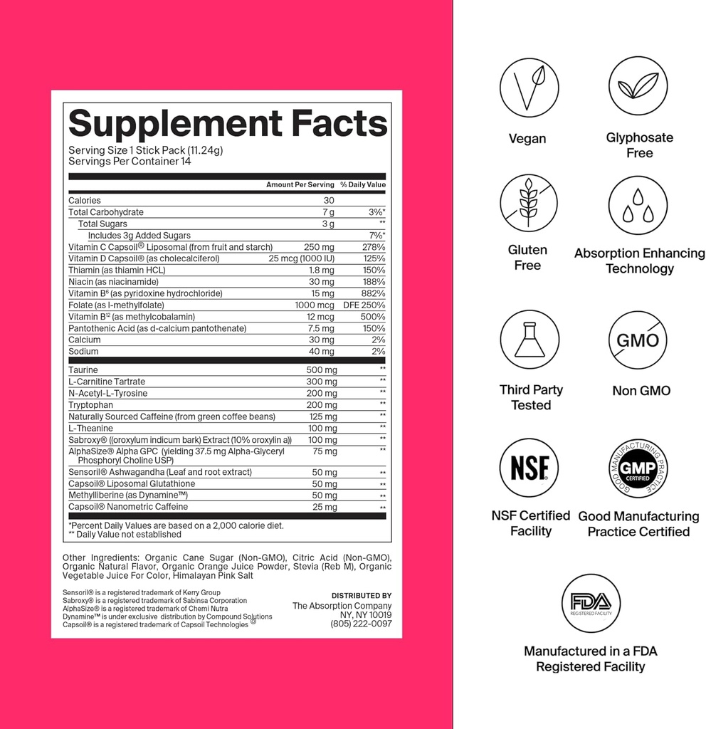 Absoreksiya Şirkəti Enerji İçki Toz Mix Packets - 150mg Natural Caffeine və Vitamin C ilə Alertness üçün Clean Energy Booster - Fruit Punch Flavor, 28 Sticks