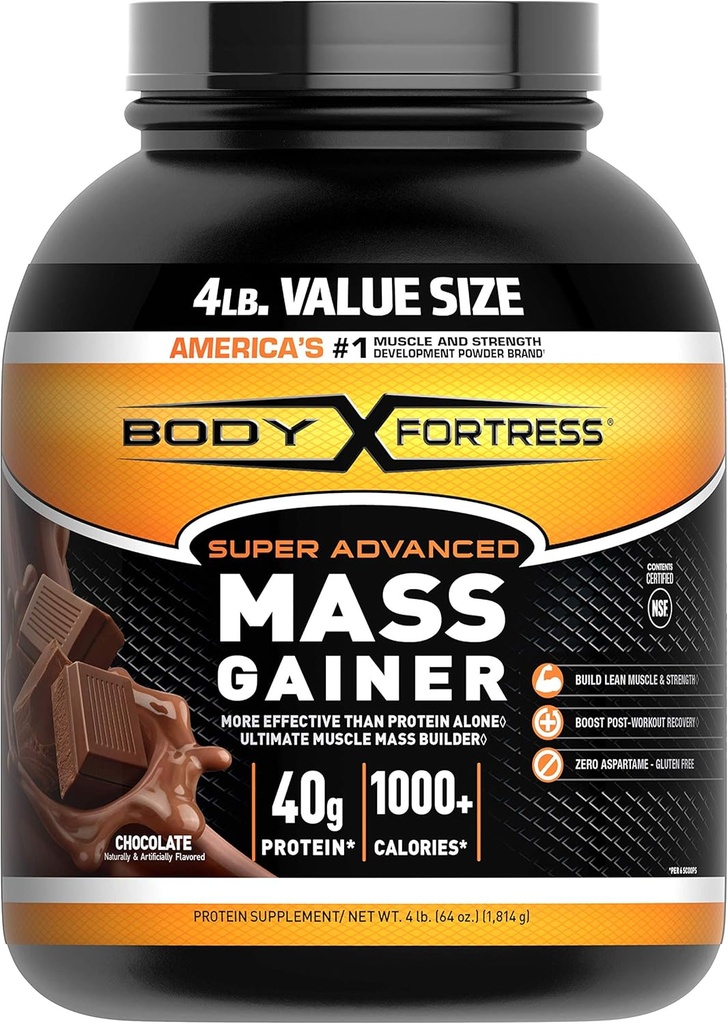 Body Fortress Super Advanced Mass Gainer, čokoladni proteini Plus Surplus kalorije za podporo mišične mase 1-4lb. Jar
