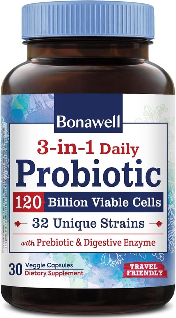 Bonawell probiotiki 120 milijard CFU 32 Sevi s prebiotiki, Prebavne encime za Gut zdravje, 3- v-1 Dnevni probiotik, Rok uporabnosti, Zapozneli- Release, 30 Veggie Caps