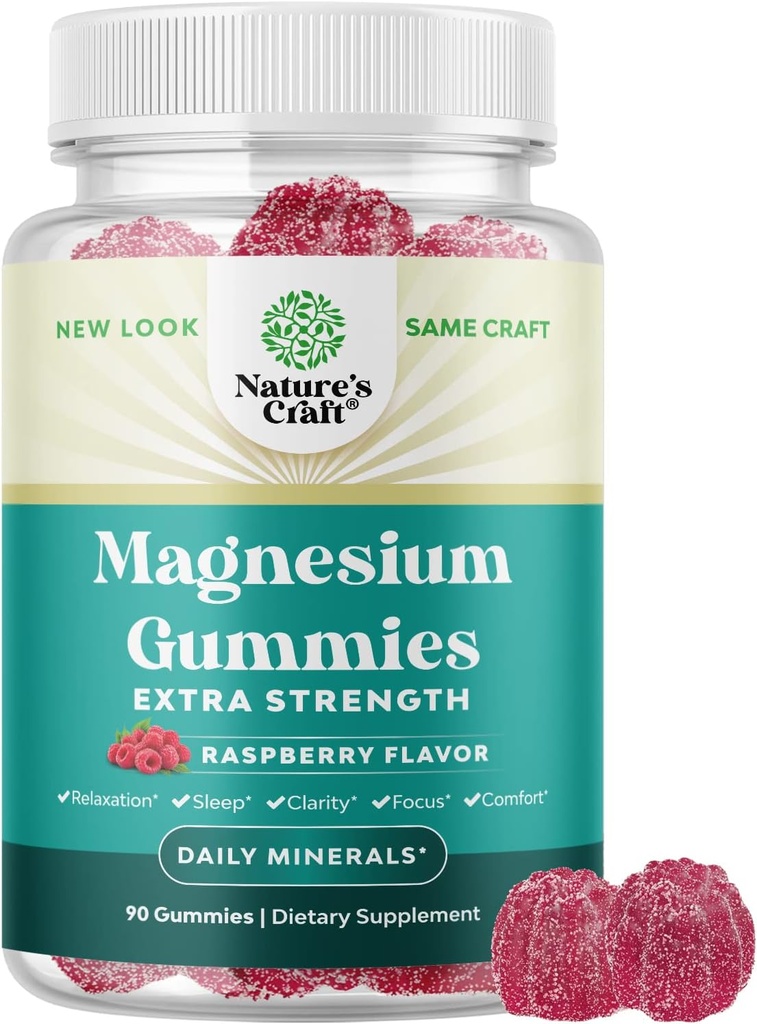 Extra Strength Calm Magnesium Gummies för vuxna - Slappna av Magnesium Citrate Gummies med Elemental Mag - Sleep Aid Soft Chews Raspberry Flavored - Body & Mind Relaxation - 90 Räkna