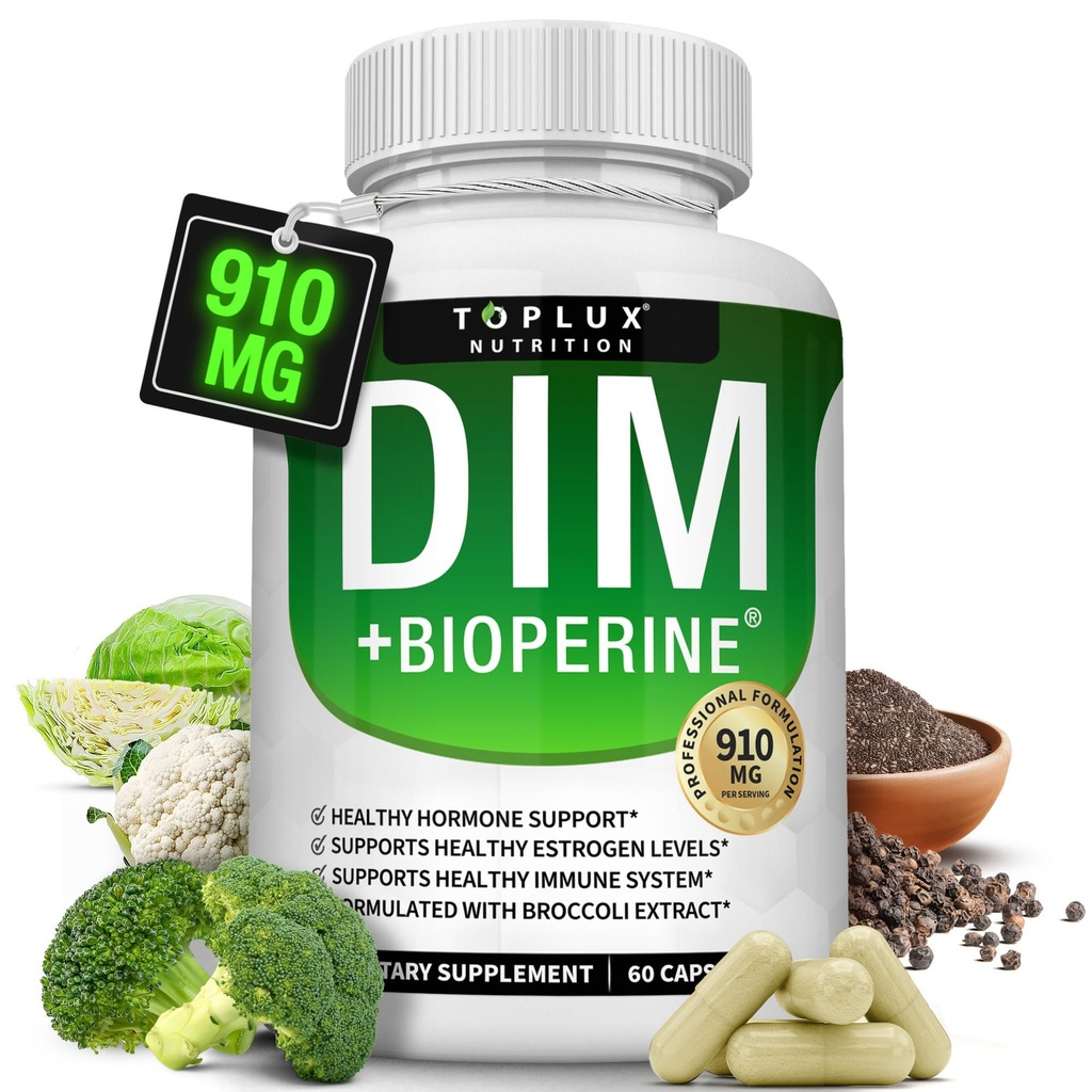 Dim Supplement 910 mg Plus BioPerine Complex - Diindolylmethane to Support Hormone Balance and Estrogen Metabolism, Helps with Menopause Acne Better Skin, for Men Women, 60 Capsules