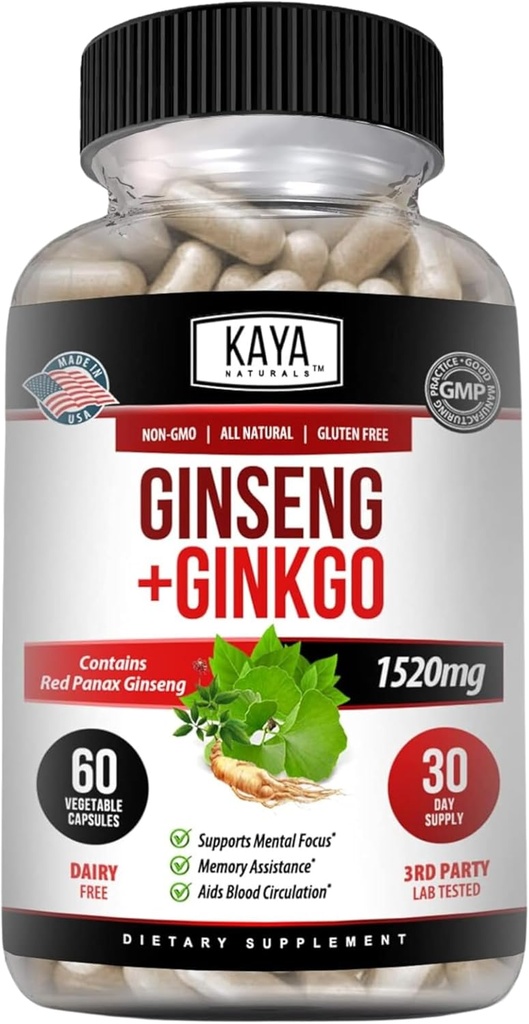Kaya Naturals Red Panax Ginseng + Ginkgo Boloba - Nootropic Brain Addition - Cognitive and Content Support - Brain Booster, Focus, and Memory Addition - 60 капсули
