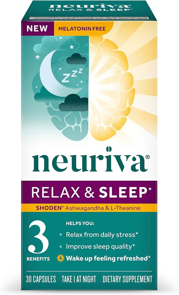 NEURIVA Melatonin Darmowy Natural Seep Aid Supplement with L- Theanine to help you Relax & Ashwagandha to support Restorative Sen so you can wake up Feeling Refreshed, 30ct kapsułki