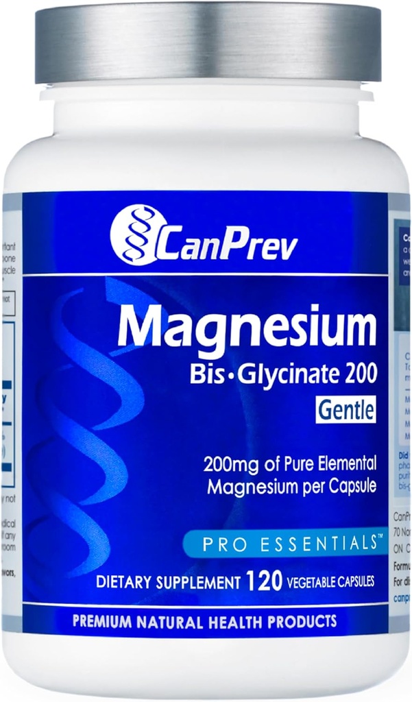 CanPrev Magnesium Bis-Glycinate Gentle 200mg, 120 V-kaps 120-dagers forsyning - ren elementær Magnesium Supplement, støtter bein og muskel funksjon, Gentle på magen, perfekt for daglige magnesiumbehov