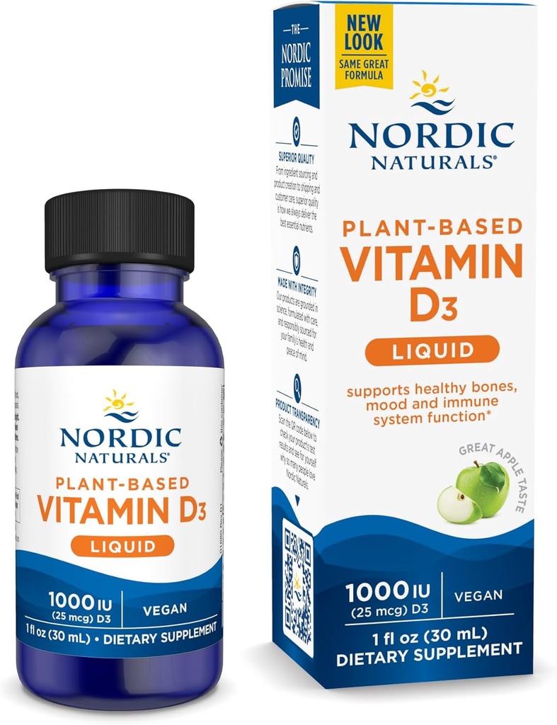 Nordic Naturals Plant-Based D3-vitamiini neste - 1 oz - 1000 IU D3-vitamiini - Terveet luut, mielialan ja immuunijärjestelmän toiminta - ei-GMO, Vegaani - 60 tarjoilua