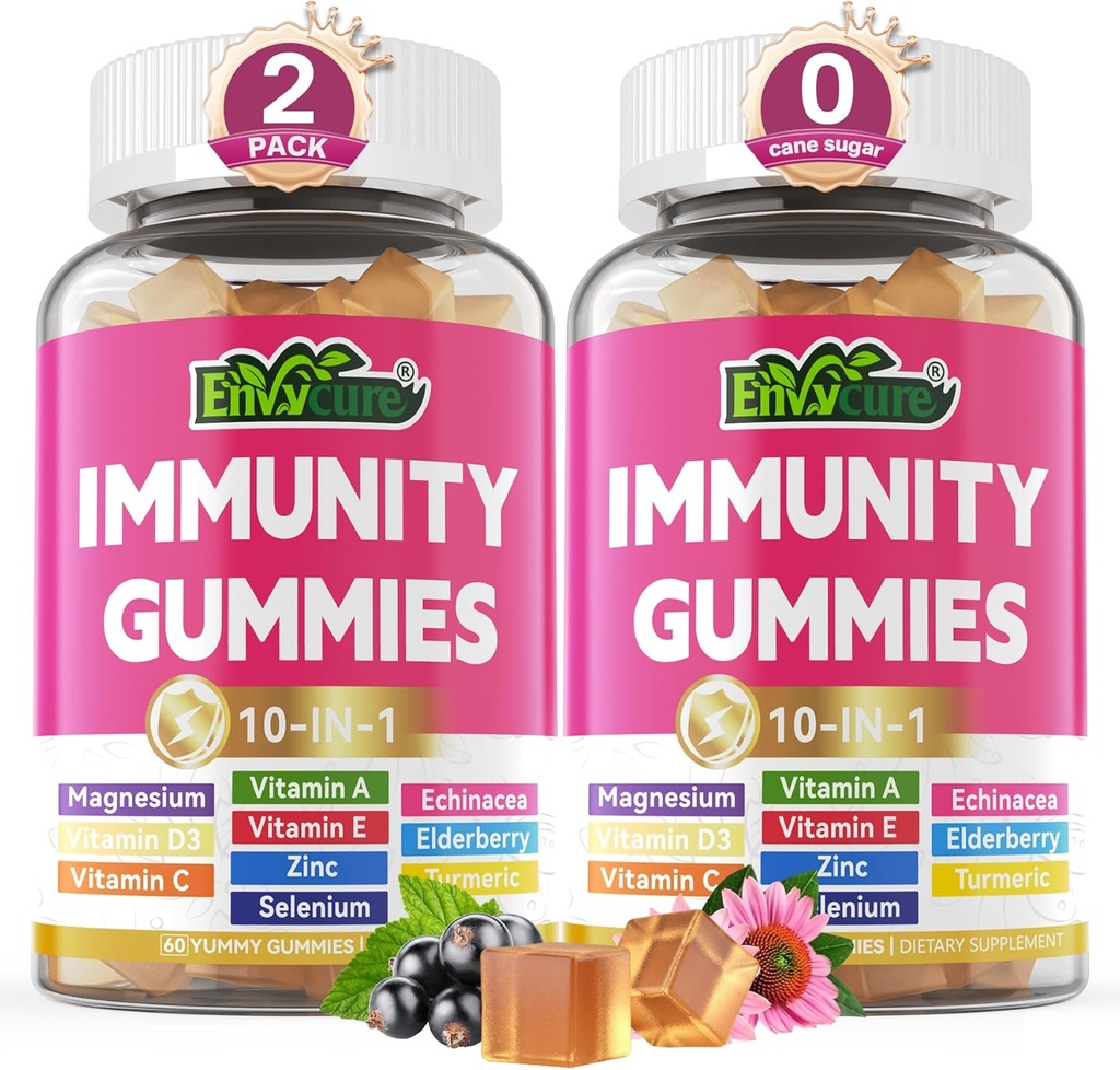 10 in 1 Inmune Support Supplement Gummies, w/Echinacea, Elderberry bitamina C eta Zinc, Selenium, D3 5000IU bitamina, Magnesium, Daily Immune Booster Multivitamin, Antioxidatzaile Hezur Energiarako, 2 Pack