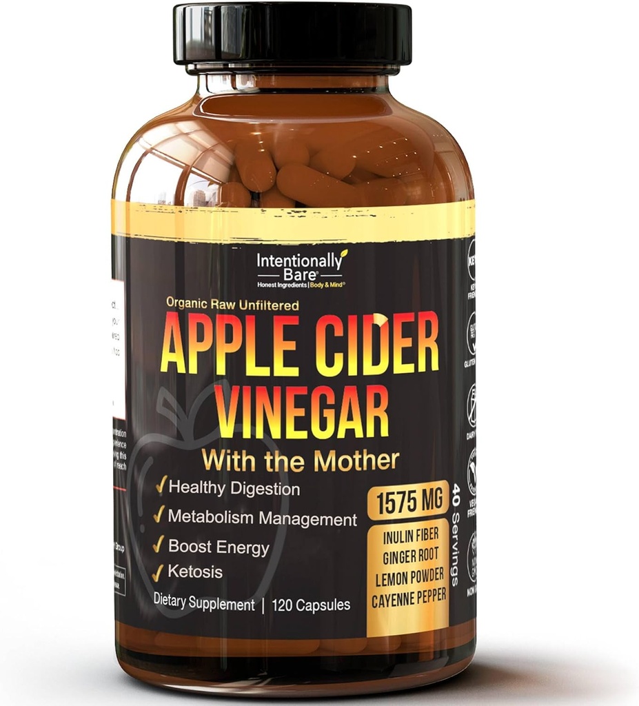 Intencionalmente Bare Apple Cider Vinagre com Cápsulas Mães - Cápsulas ACV com Ginger, Lemon, Cayenne e Inulin - Keto Friendly e Gluten Grátis para Energia, Imunidade e Gut Health - 120 Cápsulas