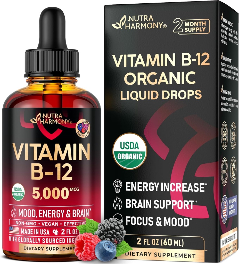 USDA Organiskais vitamīns B12 Zem mēles pilieni - 5000 μg Šķidrais Vegan Methylcobalamin sievietēm un vīriešiem - Enerģijas Boost, Focus & Mood, Smadzeņu veselības atbalsts - Maksimizēt Absorbcija - 2 Mēnešu Piedāvājums, 2 fl oz