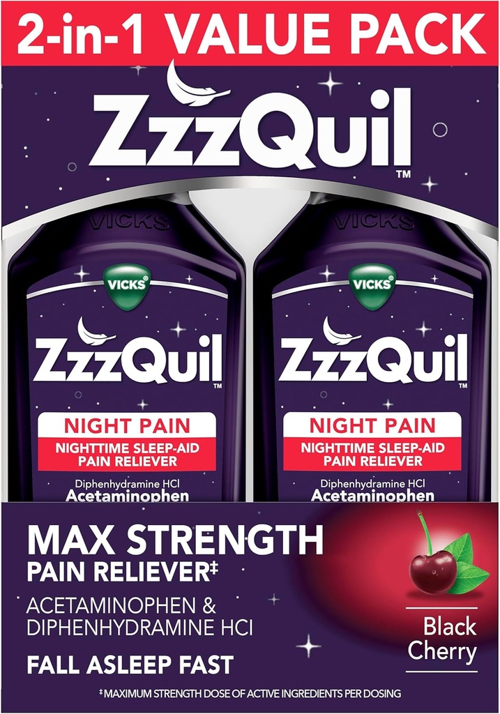 ZzzQuil Šķidrais Max Strength Reliever, Nakts miega palīglīdzeklis Šķidrums, Acetaminofēns 1000 mg, Difenhidramīns 50 mg HCI, Ne- Habit Formēšana, Black Cherry Flavored, 2 Pack, 24 FL OZ