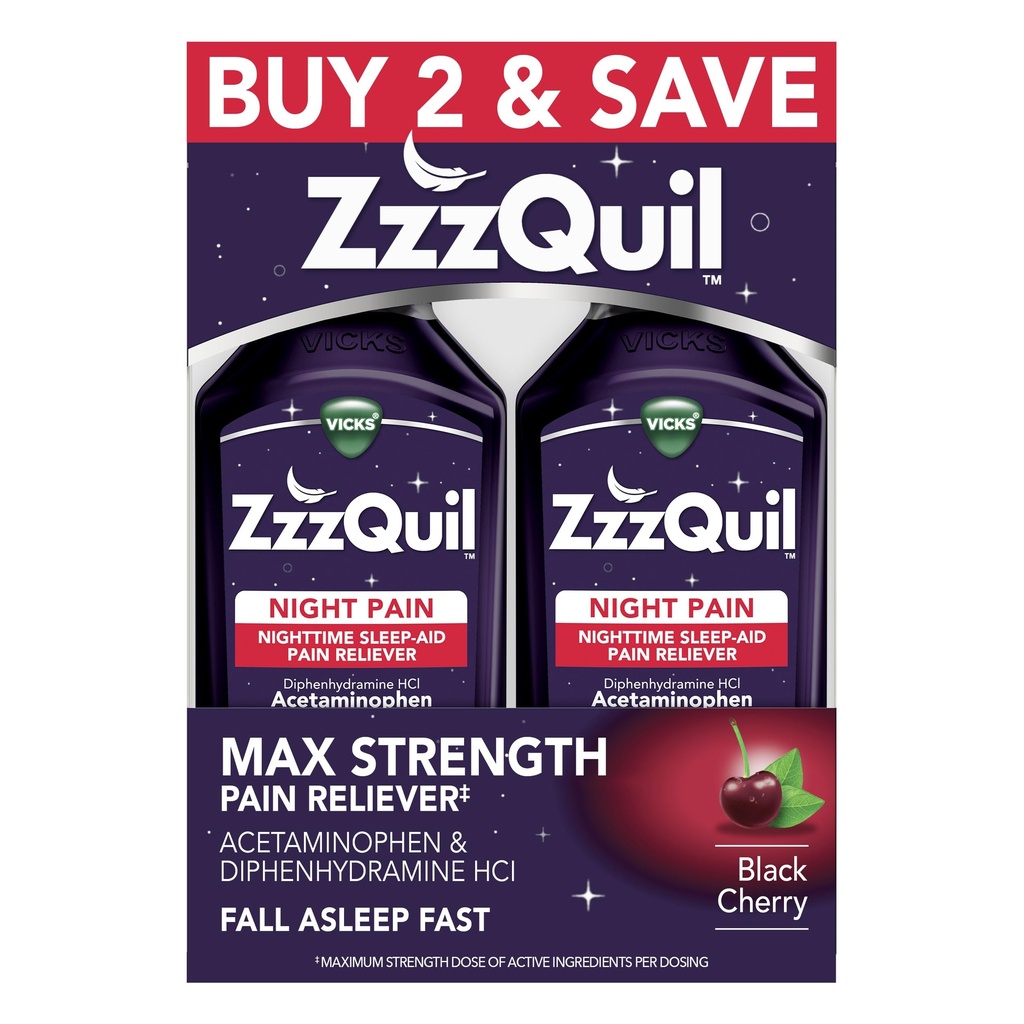 ZzzQuil Liquid Max Strength Pain Reliever, Nighttime Sleep Aid Liquid, Acetaminophen 1000mg, Diphenhydramine 50mg HCI, Non-Habit Forming, Black Cherry Flavored, 2 Pack, 24 FL OZ
