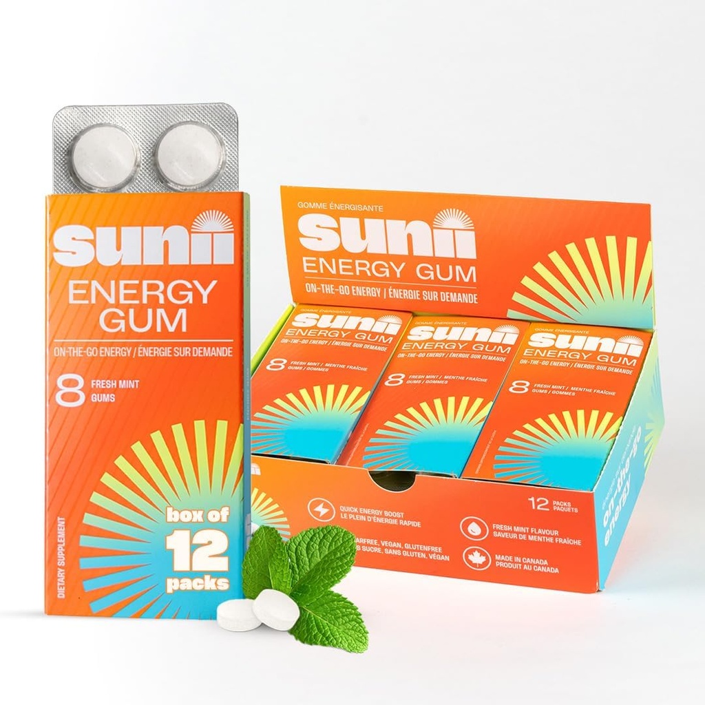 Sunii - Energy Gum - NEW Quick Boost Energy & Focus - 50mg Caffeine Gum -Vitamins B6 & B12, Taurine, Vegan, No Sugar, Zero Calorie, Fresh Mint Taste - Faster than Chews, Drinks, Gels & Pills (96pcs)