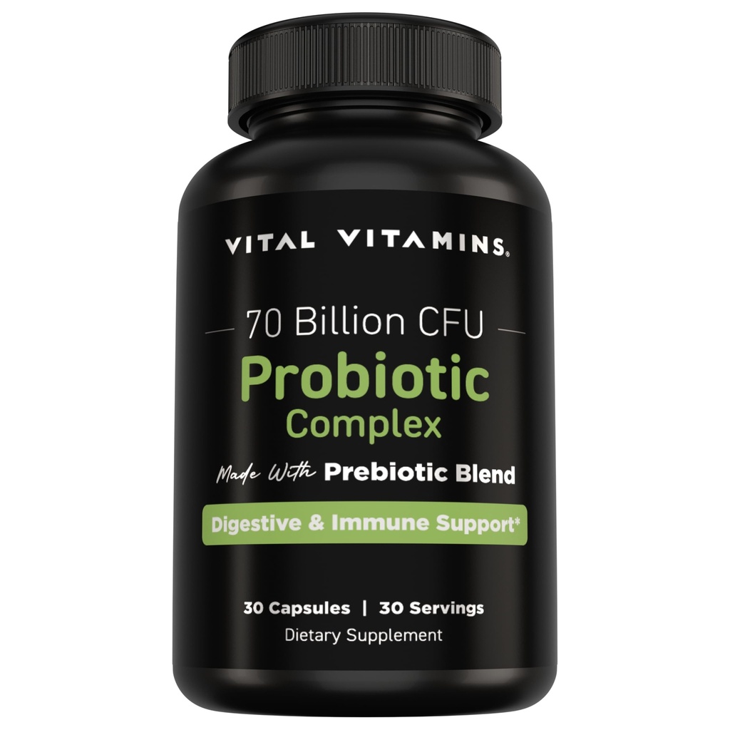 Vital Vitamins Probiotic Complex for Men & Women - 70 Billion CFU - Made with Prebiotic Blend - Digestive, Gut Health, & Immune Support - Powerful Blend of 10 Strains - 30 Capsules