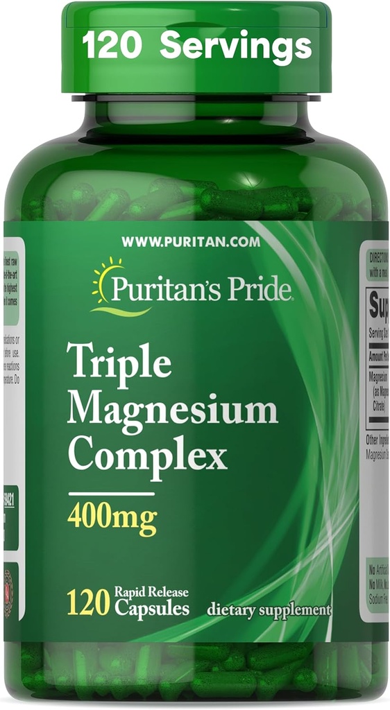 Puritan's Pride Triple Магнезиев комплекс с магнезиев оксид, Аспарт, и цитрат 400mg, Хранителна добавка за Мускули, Сърце, Нерв и Костна поддръжка, 120 капсули за бързо освобождаване