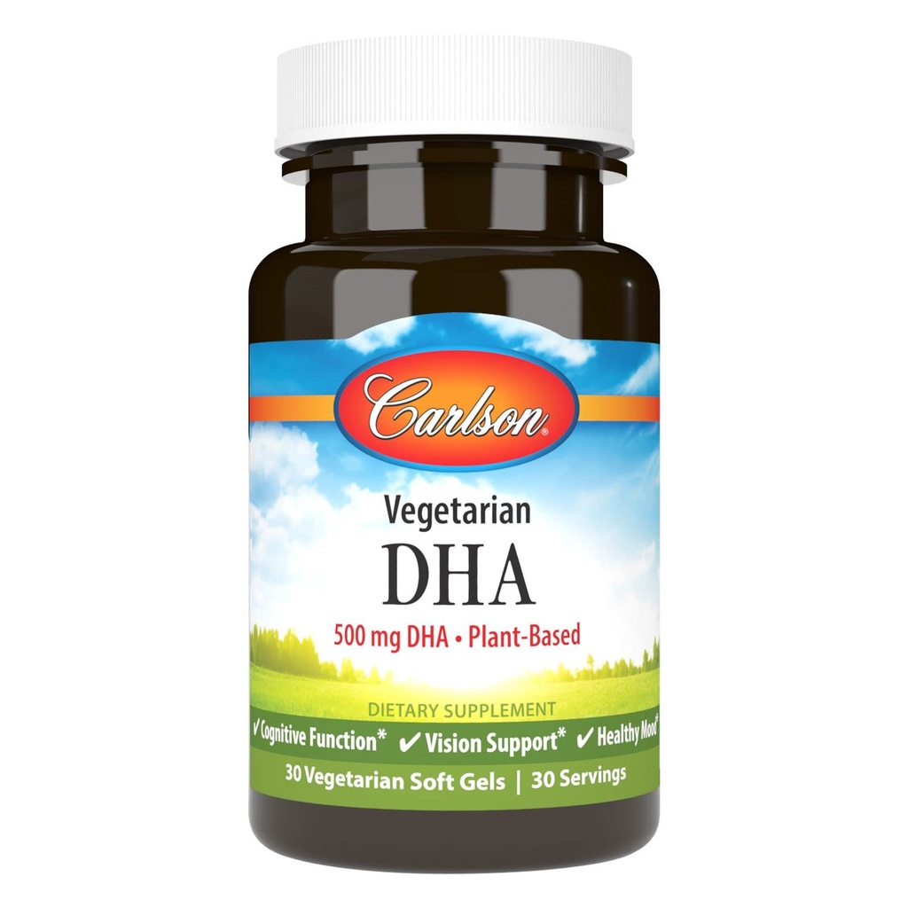 Carlson - Vegetarian DHA, 500 mg DHA, Plant Based, Sustainably Sourced from Algae, Brain Support, Mood Health, 30 Softgels