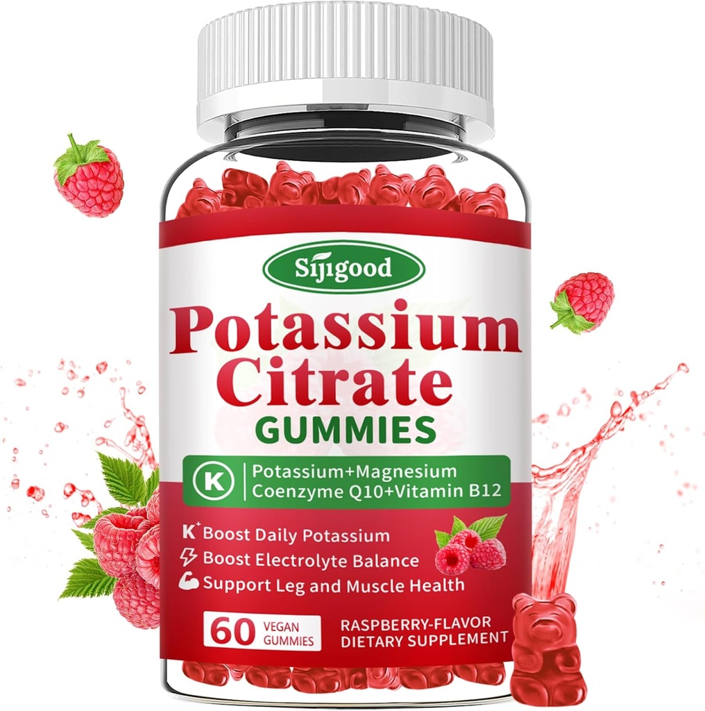 Potassium Cittember Gommies – Potassium Supplement for Barty Health, Leg Cramp & electlyte Recember, เวก้า, Not-GMO, Glute-free, Raspberry Flavor, 60 เคานต์