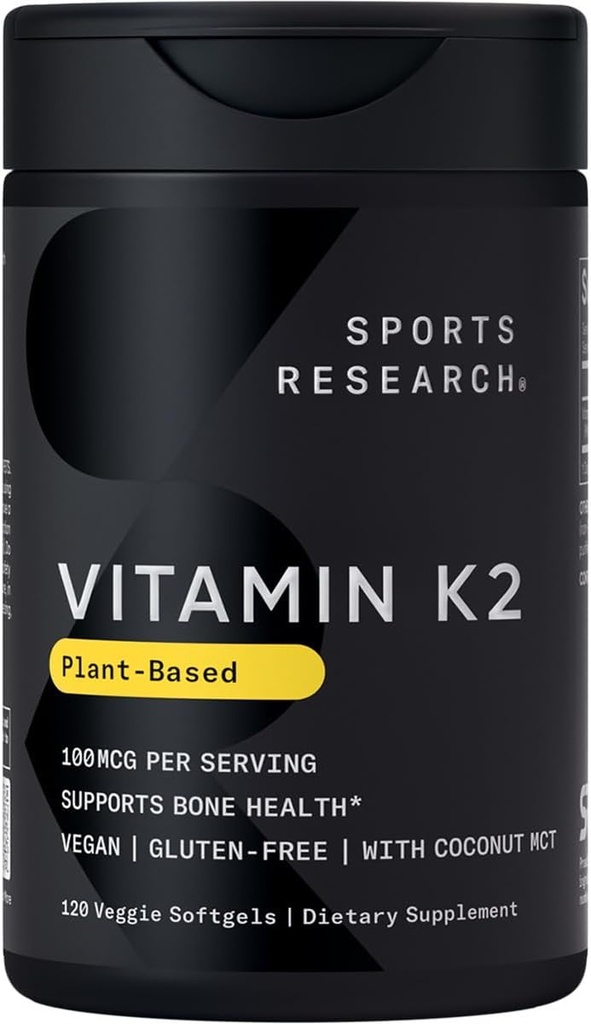 Investigación deportiva Vitamina K2 como MK-7 100mcg con aceite MCT de coco - 120 Veggie Softgels (4 Mes de subministración) Vegan Certified, Non-GMO Verificado, Gluten & Soy libre