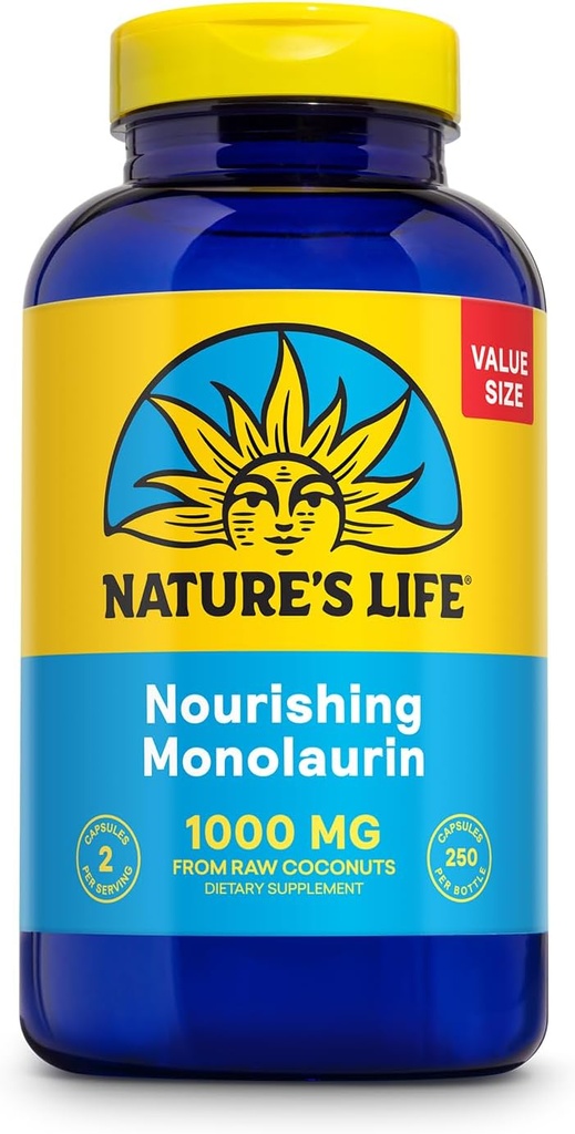 Naturens Life Monolaurin 1000 mg, Nourishing Monolaurin fra Natural Raw Coconut, Immune Support Supplement, Gut helse, Balanced Gut Flora, 60-dagers garanti, 125 serveringer, 250 vegetariske kapsler