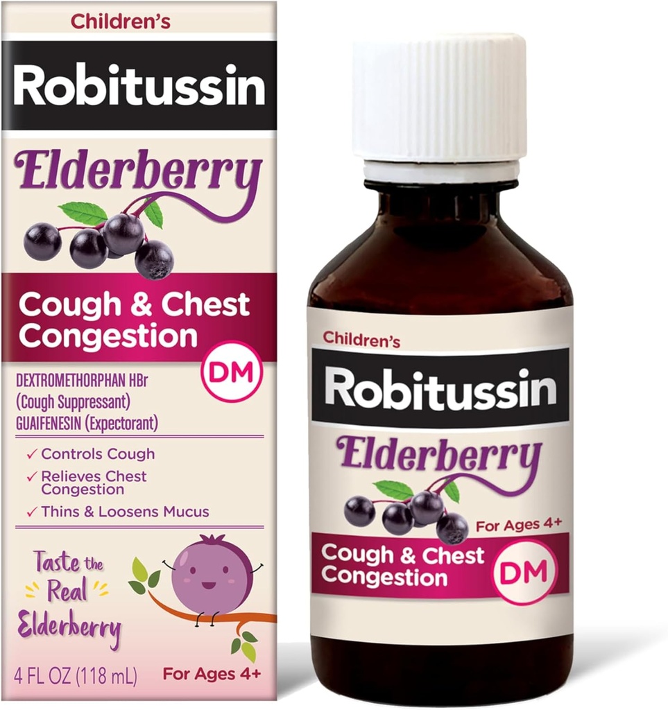 Robitussin Elderberry Cough + Chest Congestion DM Kaszel dla dzieci, Chest Congestion Relief i Syrop Kaszlowy - 4 Fl Oz